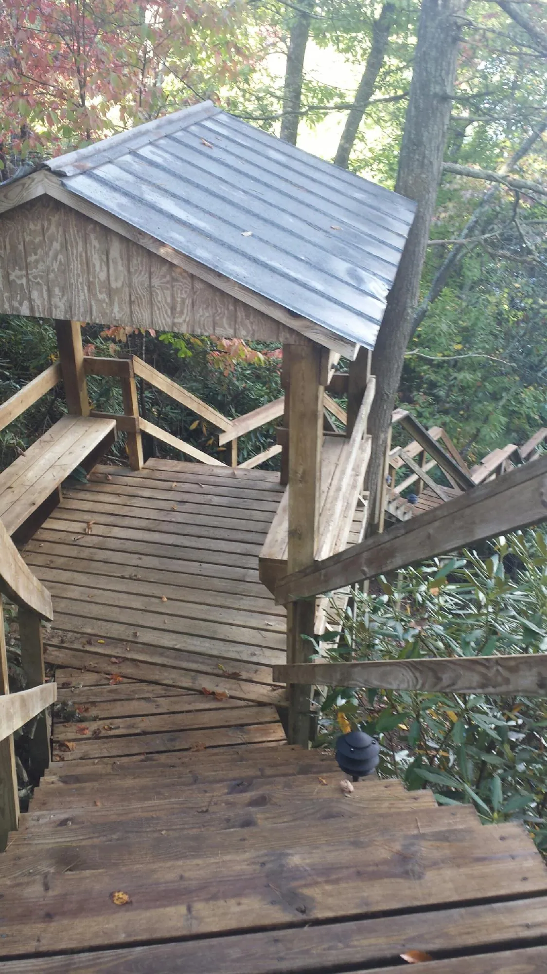 Metal roofed shelter over wooden steps on a wooded walkway — Skylight Repair & Installation work by our crew in Woolstock